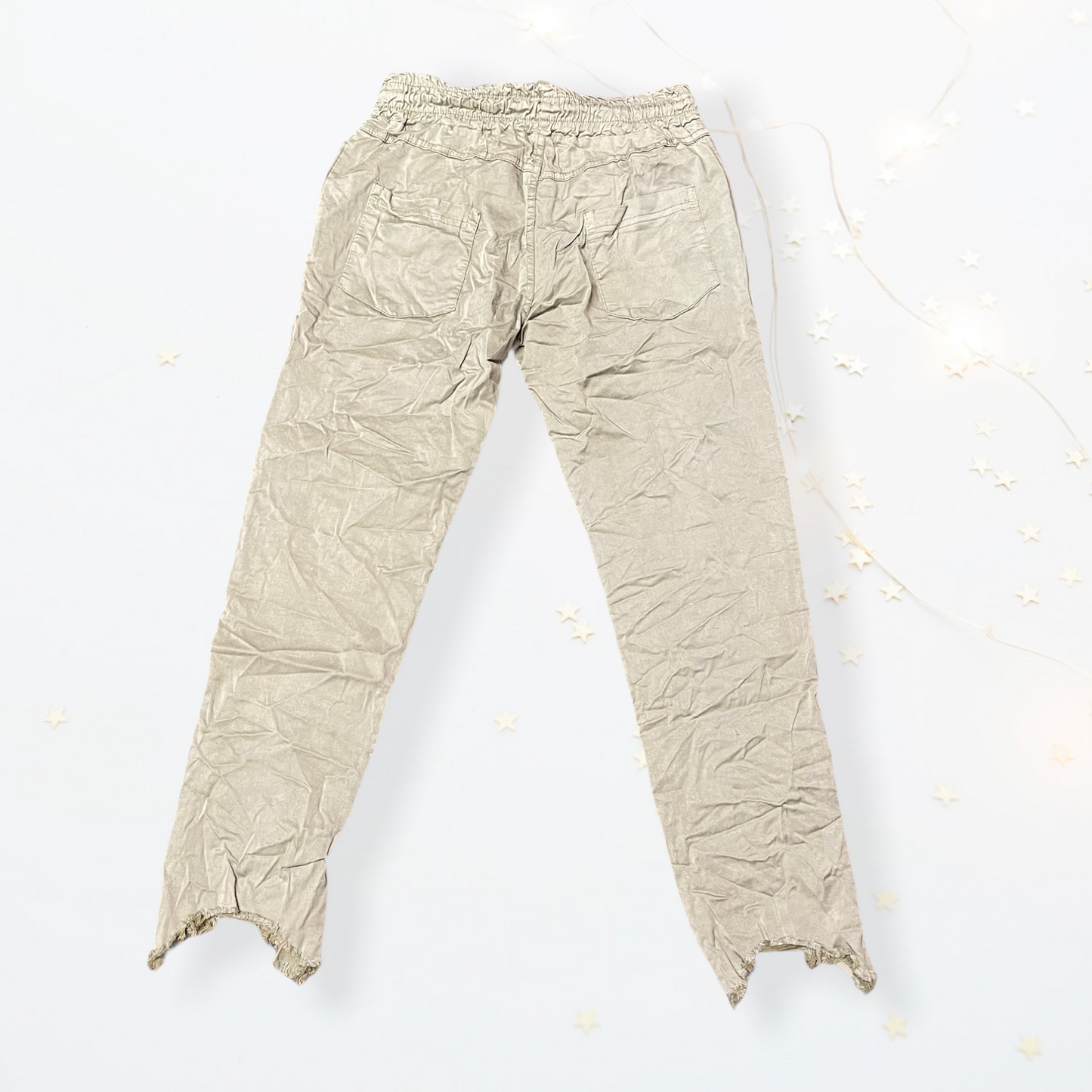 Distressed hem, Italian drawstring joggers.