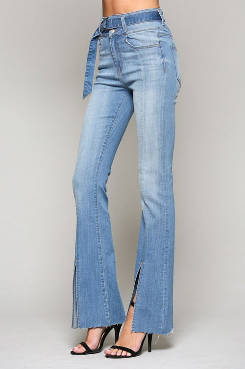 Ultra high belted, triple button, front slit, flair denim pants.