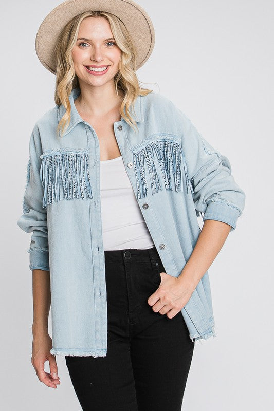 Fringe Shacket with frayed detail.