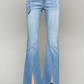 Ultra high belted, triple button, front slit, flair denim pants.