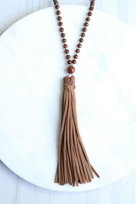 Round Glass Bead Necklace with suede Tassle
