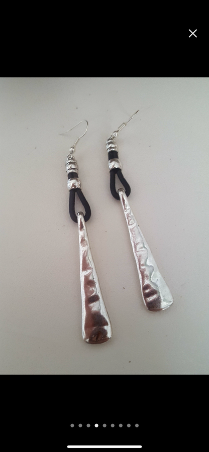Silver and leather long drop earrings