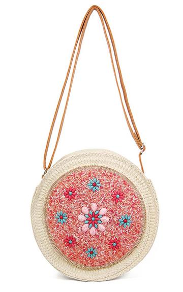 Pink and Turquoise Flower Round Bead Straw Crossbody Bag