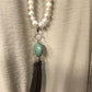 Pearl, silver, turquoise and leather tassel, long necklace.