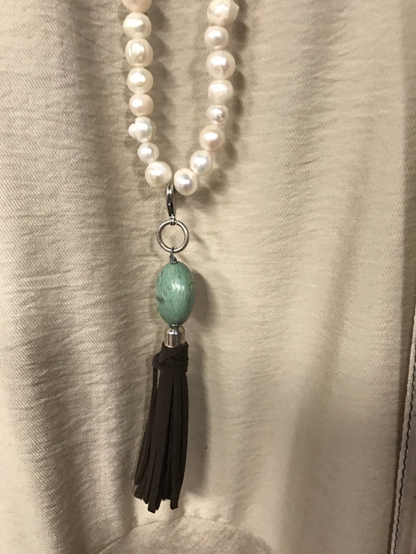 Pearl, silver, turquoise and leather tassel, long necklace.