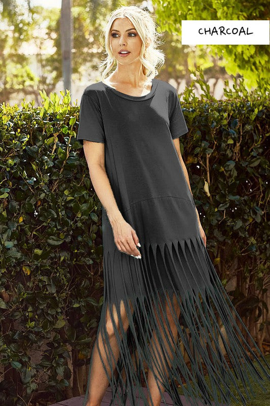 Solid Knit Dress with Fringe at the bottom.