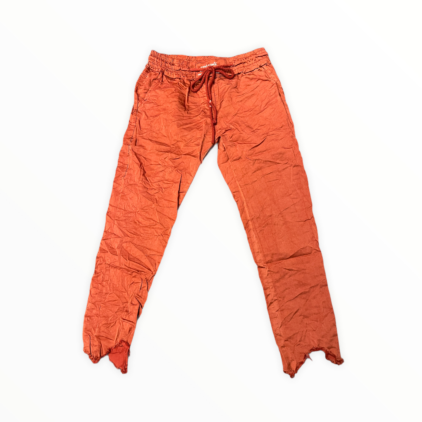 Distressed hem, Italian drawstring joggers.