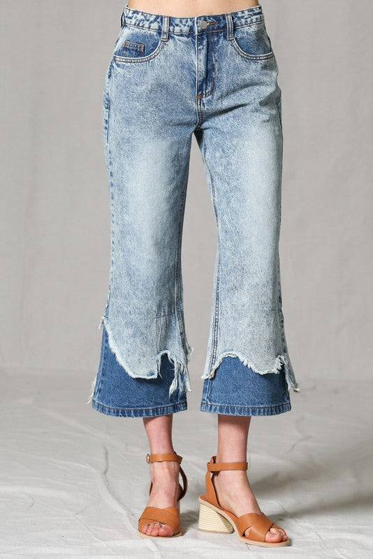 Double layer distressed hem flare jean pants