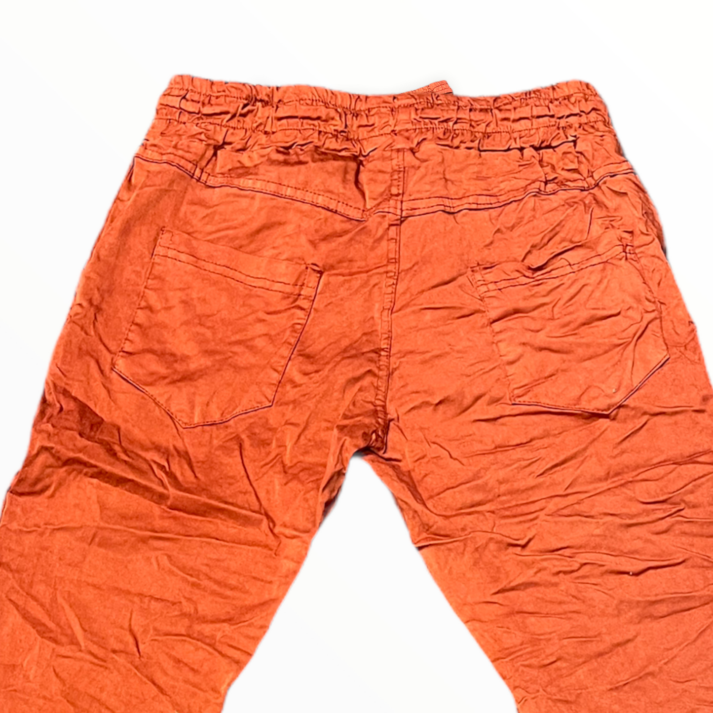 Distressed hem, Italian drawstring joggers.