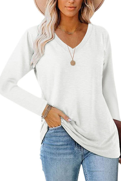 V Neck Loose Solid Long Sleeve Top